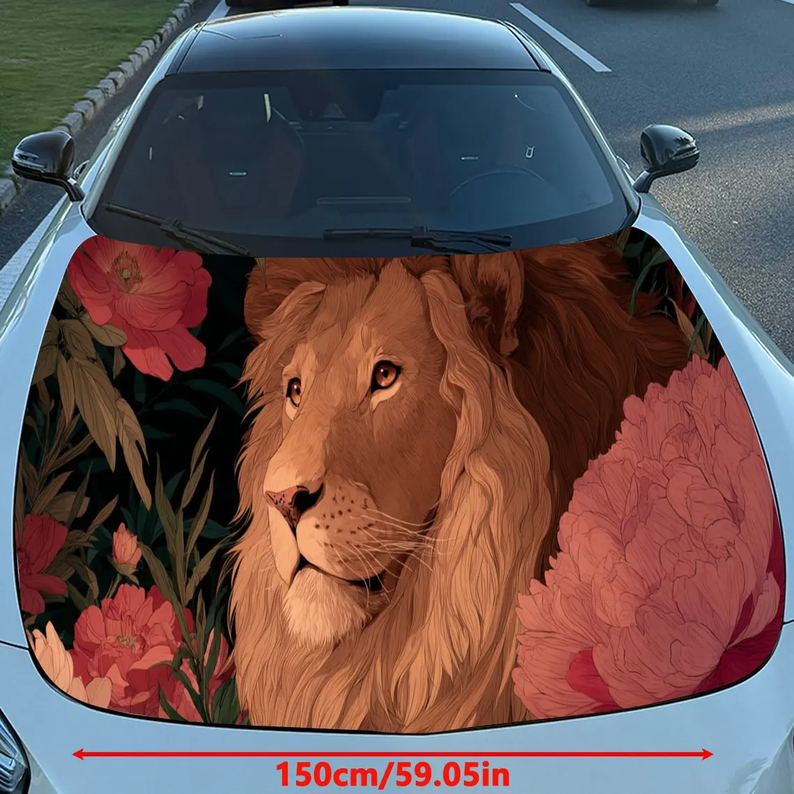 Majestic Floral Lion Car Hood Stickers - Self-Adhesive, Waterproof and Durable Vinyl Wrap, Decorate And Protect Your Car, Fit Fo