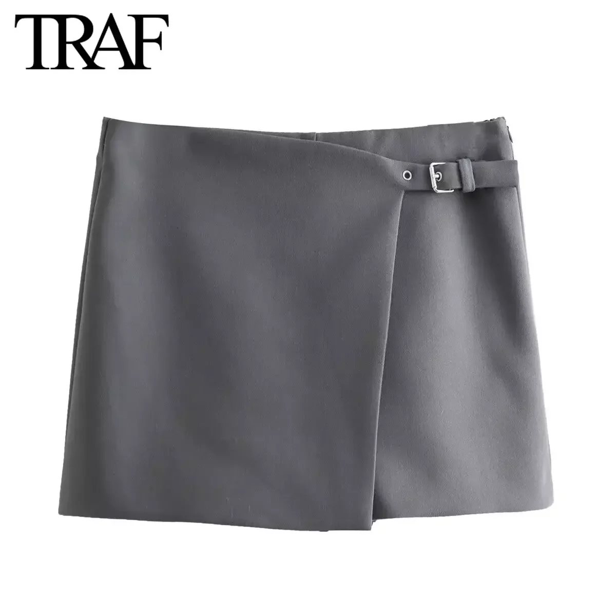 TRAF Women Fashion 2024 Spring New Casual Asymmetric Pocket SkirtPants Chic Female High Waisted Culottes Wide Leg Shorts Mujer