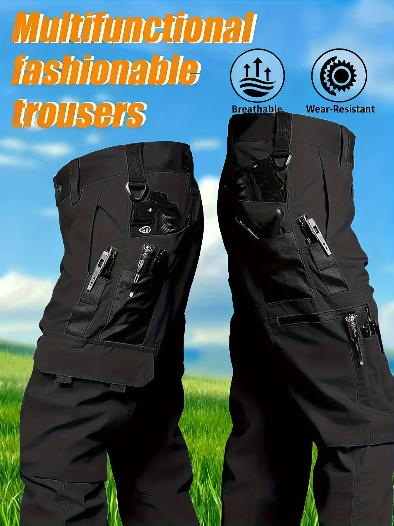 2PCS Men's Tactical Pants Multi-Pocket Zipper Multi-Functional Cargo Hunting Pants Men Hiking Cycling Camping Fishing, Running