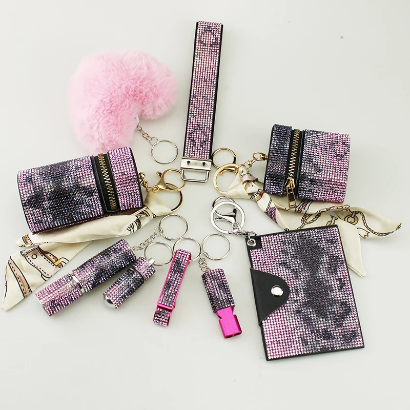 9PCS Women's Safety Key Ring Set with Rhinestones, Lipstick Organizer, Love Ball and More - Stylish Self-defense Accessory
