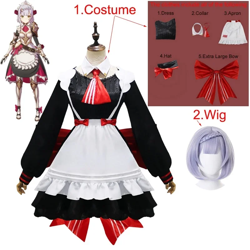 

Genshin Impact Noelle Full Cosplay Costume Halloween Carnival Lolita Maid Uniform Including Hat and Large Bow