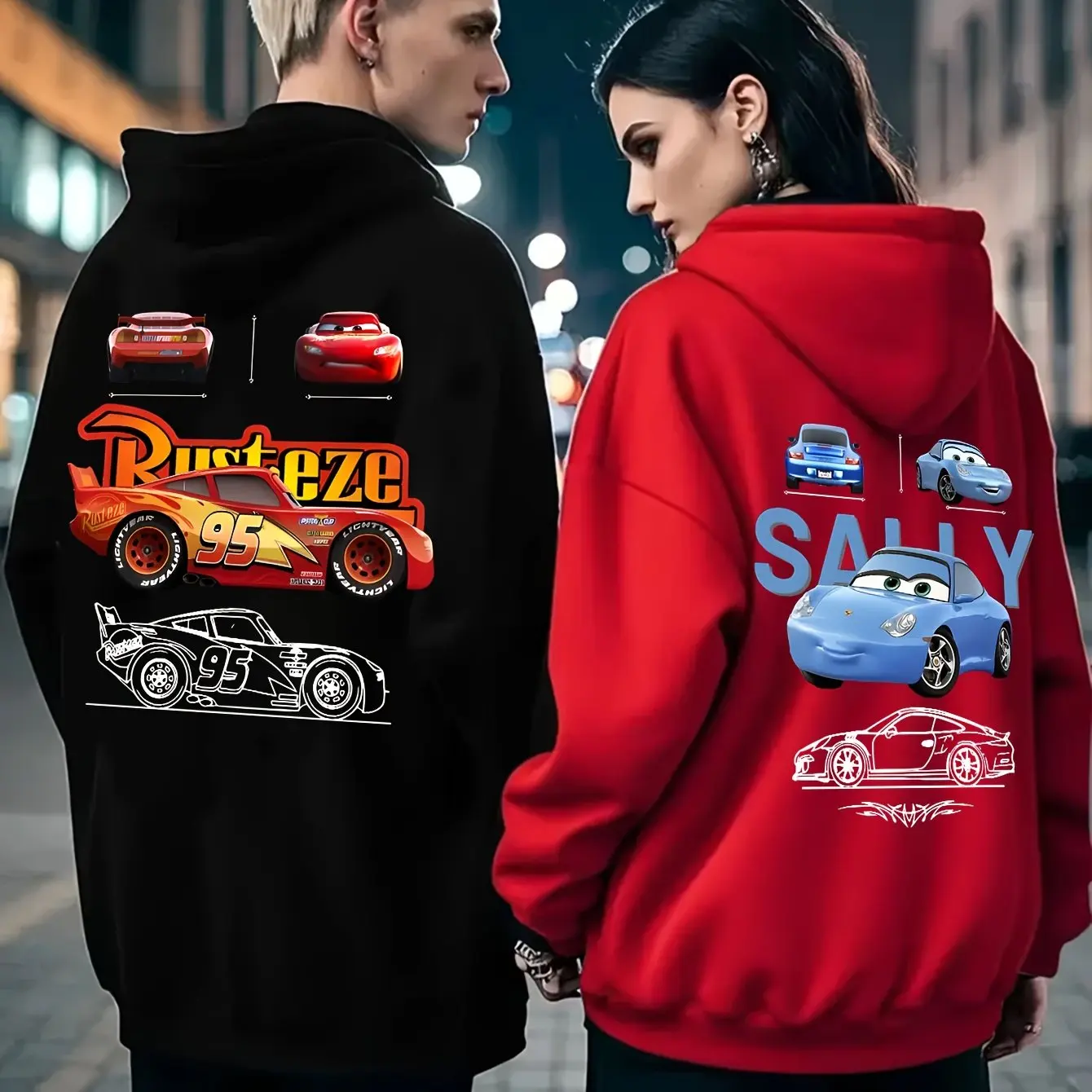 Sweat-shirts à capuche graphiques Lightning McQueen et Sally, cadeaux d'anniversaire et de saint-valentin pour Couple, produits pour fans, vêtements de Couple