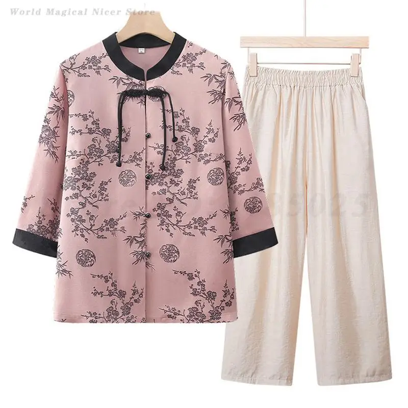 Middle Aged Mother Tang Suit 2025 Spring Summer Print Flower Shirt Pants Set Chinese Traditional Vintage Button Blouses XL-5XL