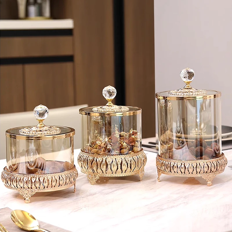 

Luxury Style Gold Crystal Glass with Lid Decorative Storage Jar American European Coffee Table Candy Jar Decorative Ornaments