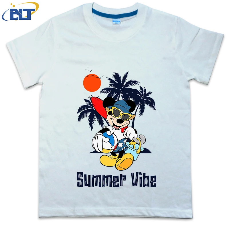 Disney Vacation Summer Vibe Mickey Mouse Printed Kids T-shirt Cotton Short Sleeve Casual Top Cartoon Clothing for Boys and Girls