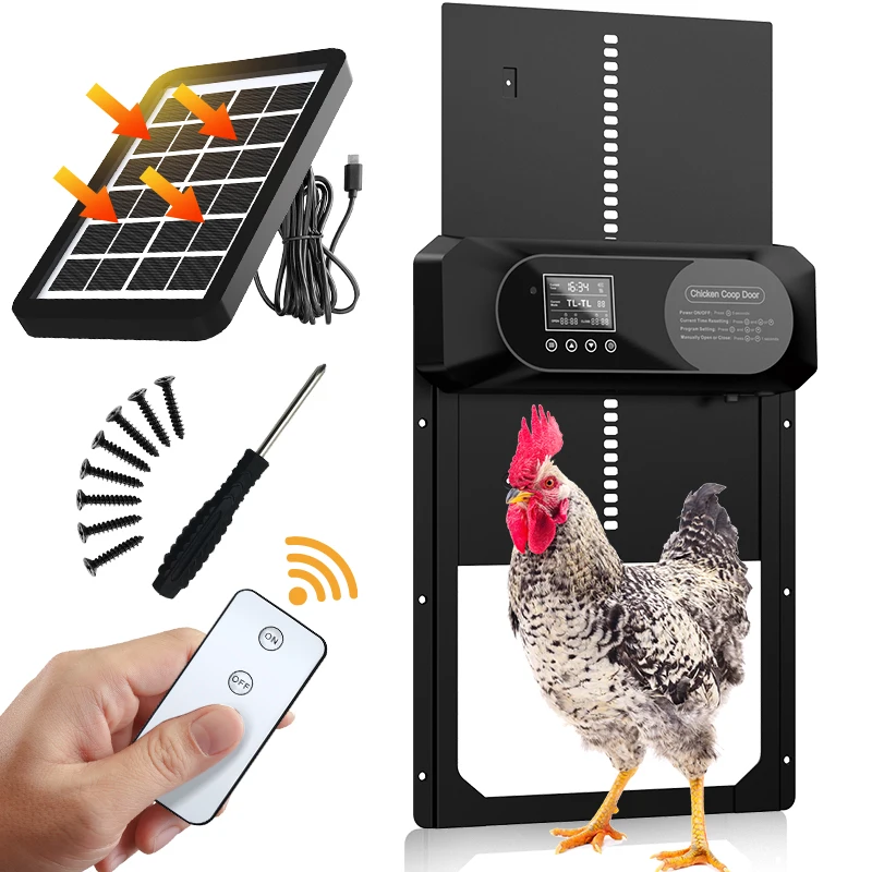 

Upgrade large-sized solar powered automatic chicken coop door, LCD display, with timer and remote control, four modes