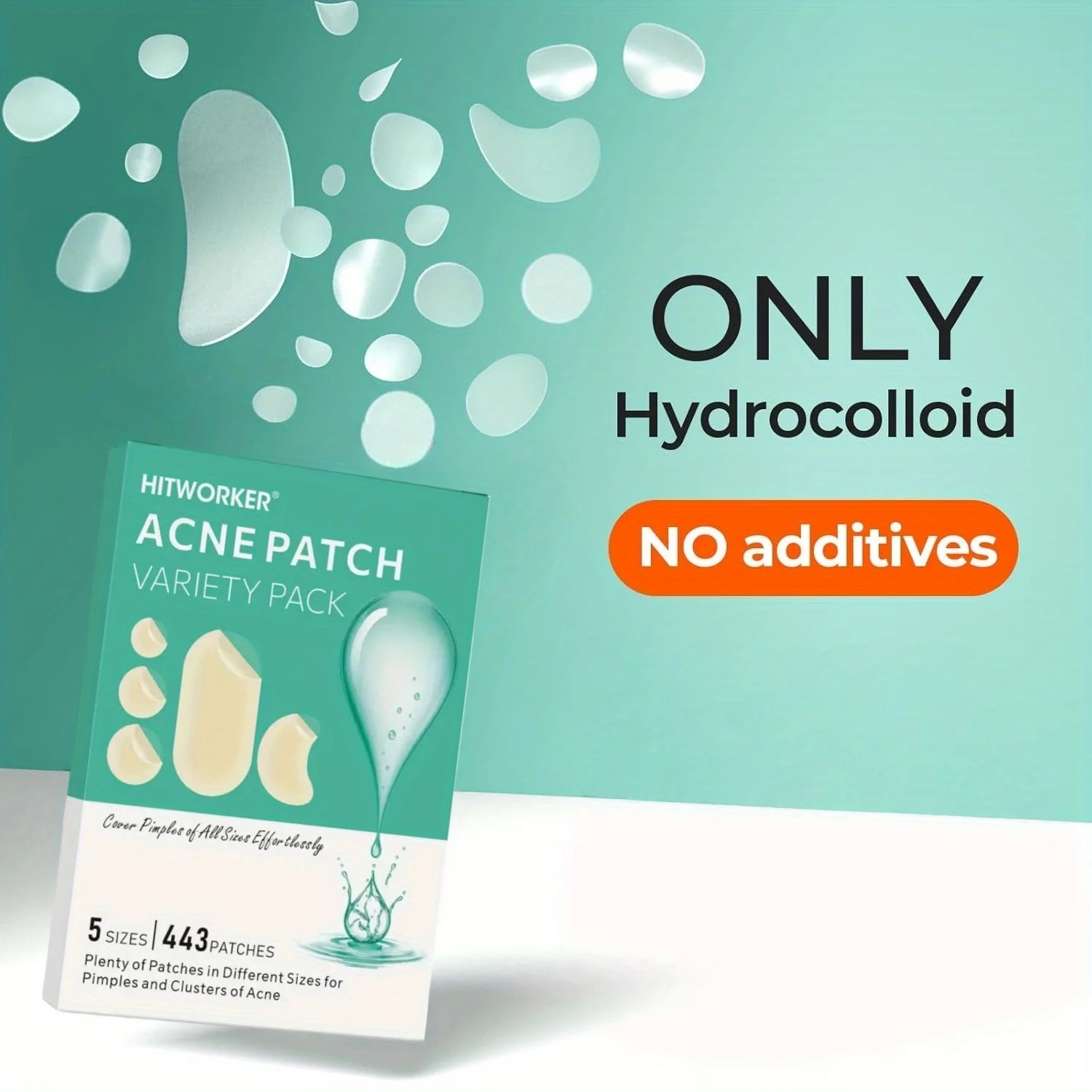 443 قطعة من رقع HITWORKER الغروانية المائية - 5 أحجام، شرائط وملصقات بثرة محيطية للوجه، العناية بسيت سريعة المفعول، غير قابلة للتجفيف
