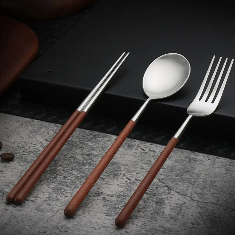 Household Dining Spoon Fork Chopsticks Minimalist Portable Lunch Tableware Vintage Long Handle Wooden Dinnerware Eating Utensil