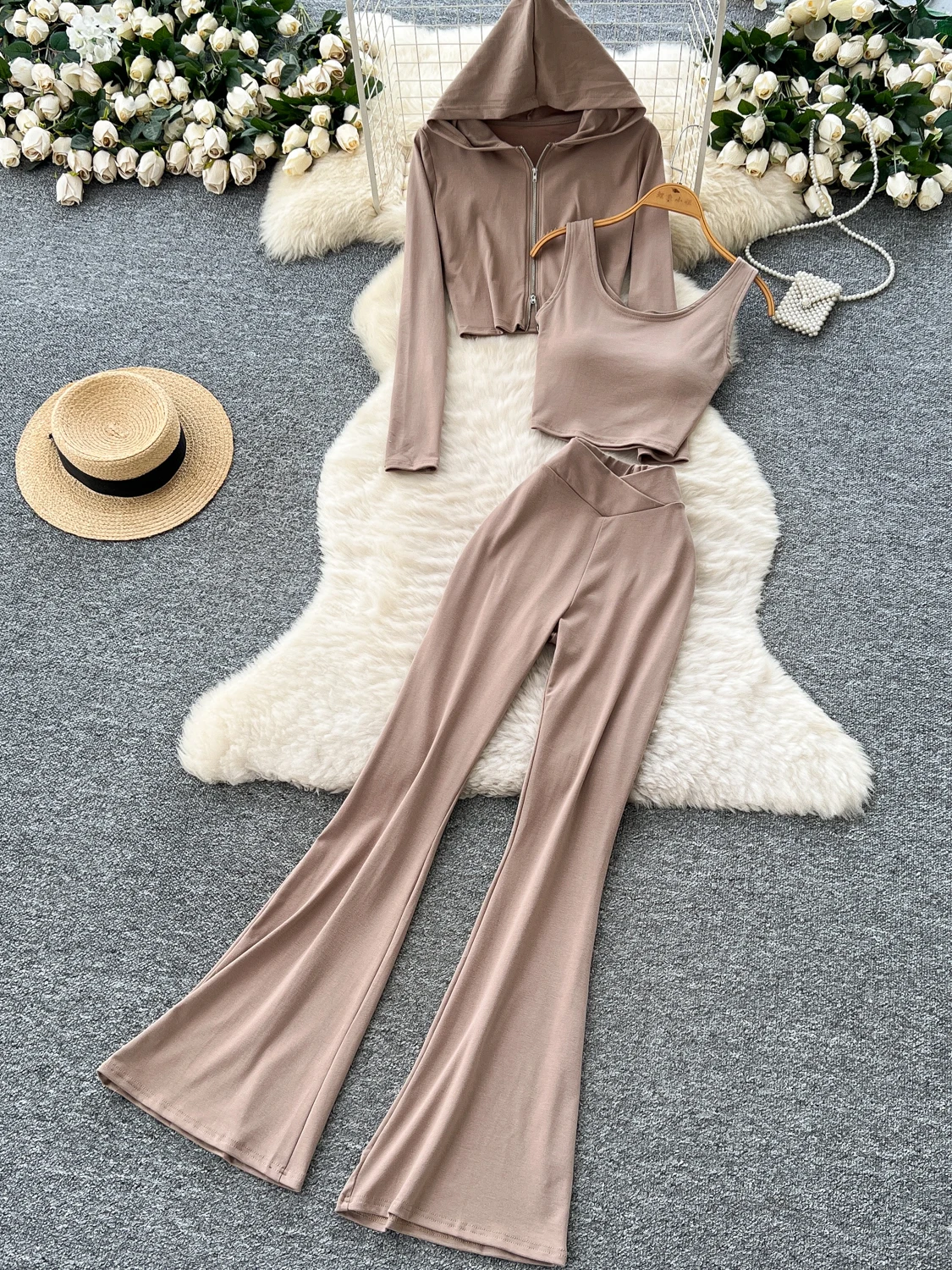 

Women's Casual Wear Tee-Piece Set Inner Strap Vest ort Hoodie High Waist Flared Long Pants Autumn Faion Ensemble