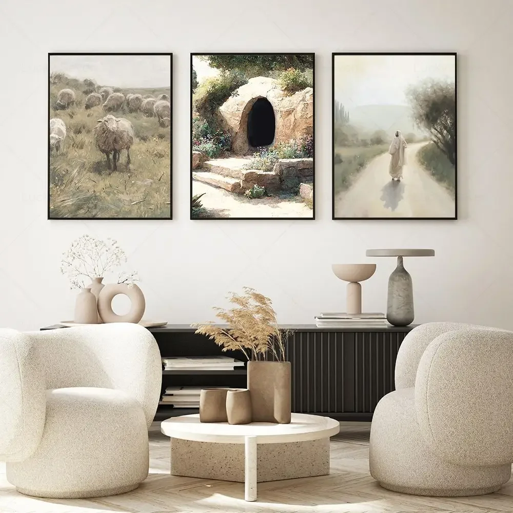 معرض كريستيان جدار الفن المخلص يسوع المشارك إيمانويل طباعة الأغنام رعي المشهد قماش اللوحة البلد غرفة المعيشة ديكور