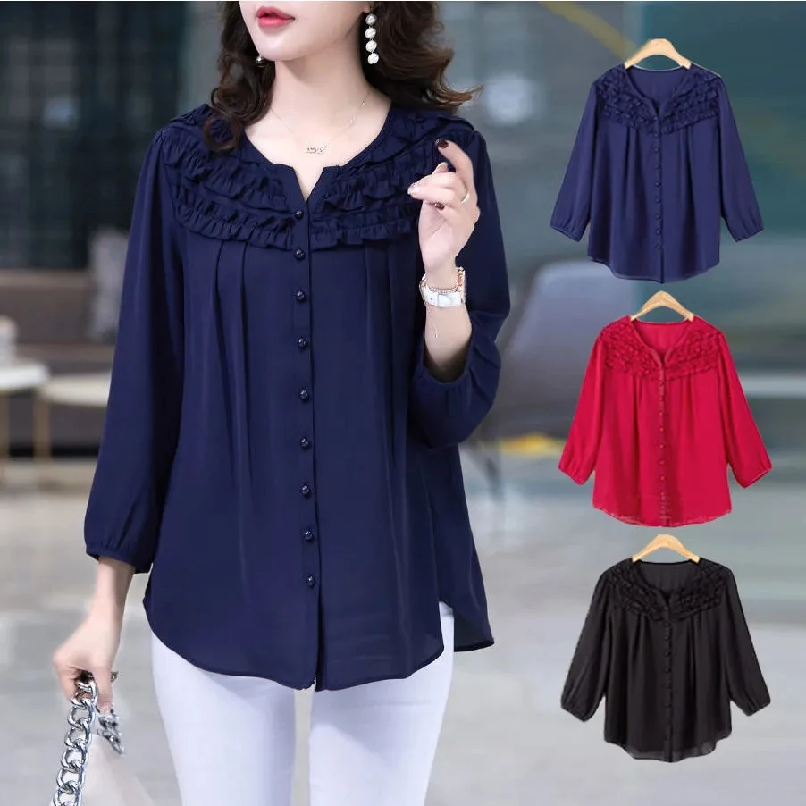 

Middle Age Women Blouse Summer New Blouse 6XL Mother Nine Sleeves Shirt Print Blusa Feminina Tops Cardigan Shirts1055