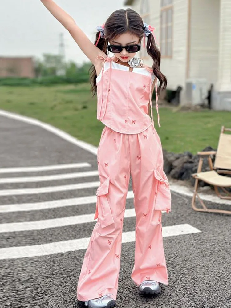 Set Of Summer Suspender Vest Wide Leg Pants For Girls Sets For Children Children\'s Clothing Girls Clothes 2 To 8 Years