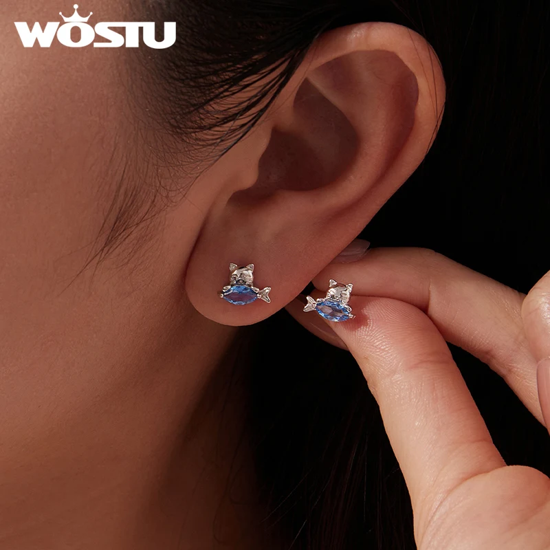 WOSTU Cute Cat With Fish Open Rings Stud Earrings set For Women, White Gold Plated Hypoallergenic Gifts For Pet Lover Daughter