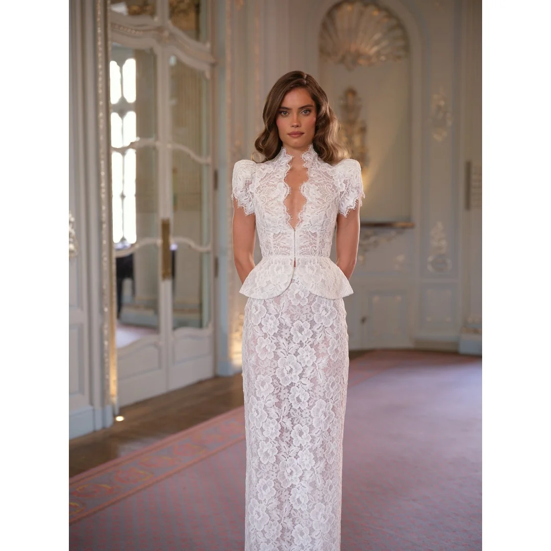High Neck Open Front Lace Evening Dress For Women Short Puff Sleeve Peplum Waist Floor Length Mermaid Occasion Gown فستان زفاف ف