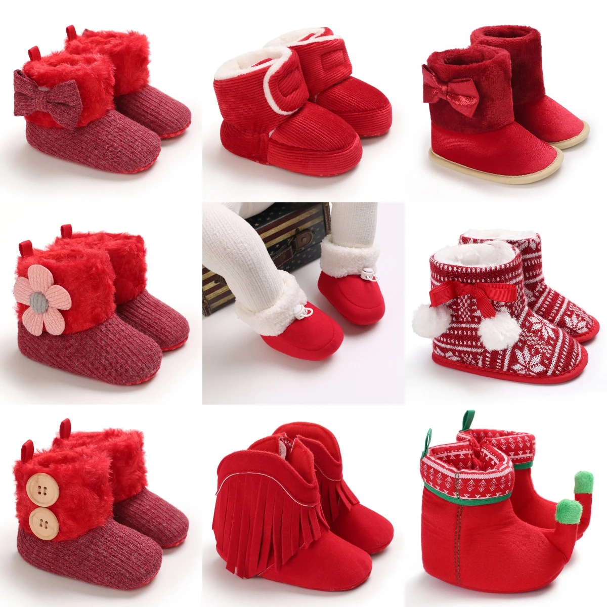 VANLEN SINA Winter Baby Warm Red Boots - Fluffy Flock Snow Slip On Shoes for Girls Toddler 0-18 Months