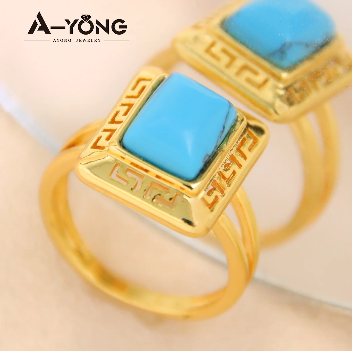 Luxury Dubai Gold Plated Rings 21k Gold Color Turquoise Fashion Couples Ring Saudi Middle East Women Wedding Jewelry