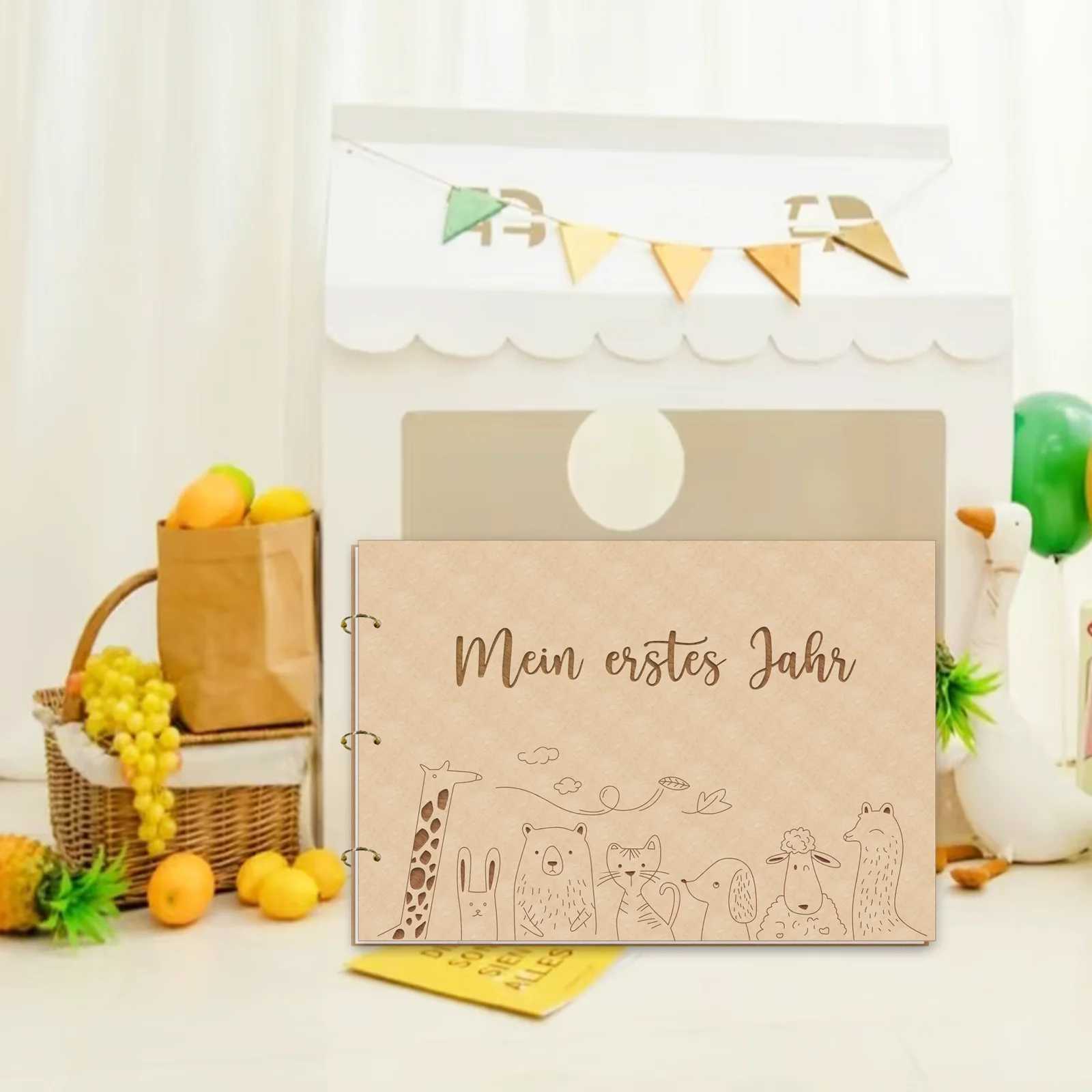 

German "Mein Erstes Jahr" Wooden Baby Album - Safari Animals Memory Book, 20x15cm First Year Scrapbook, Baby Shower Gift