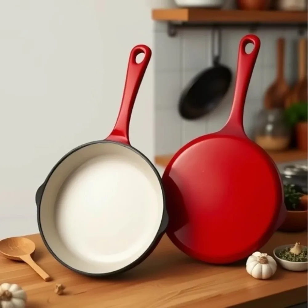 

Household Non-stick Enameled Cast Iron Dutch Oven Flat Bottomed Red Frying Pan Round Universal Omelette Pan Kitchen Cookware