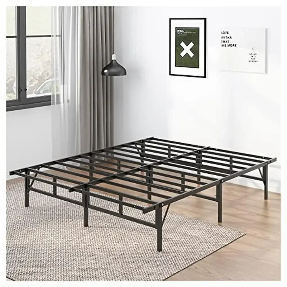 

Foldable Metal Bed Frame with Enhanced Support Design Underbed Storage Easy Assembly Full Capacity 1500lbs No Box Spring Needed