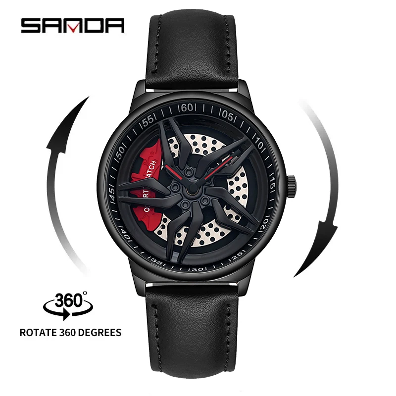 SANDA P1062 Original Leather 3D Watches Rim Watch Hub Custom Design Sports Waterproof Creative Male Clock Mens Wheel Wristwatch