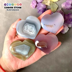 1pc Natural Crystal Agate Cave Love Heart Shaped Healing Home Decoration Fengshui Collection Hand Polished Crafts Reiki Gemstone