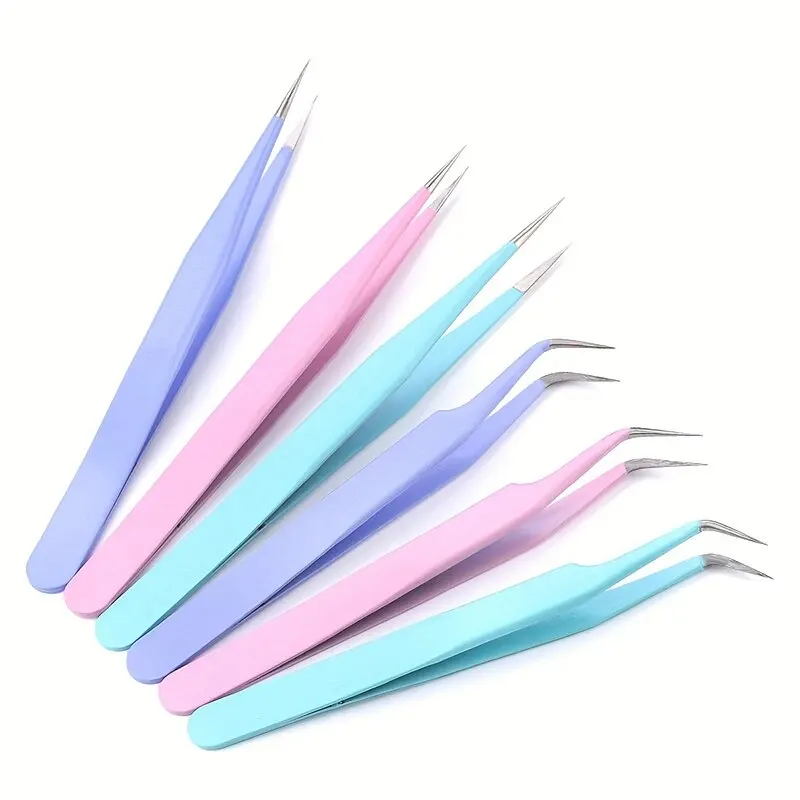 2pcs Stainless Steel Precision Tweezers, Color Scrapbook , Straight And Curved Head , Pink/Blue/Purple/White/Bla