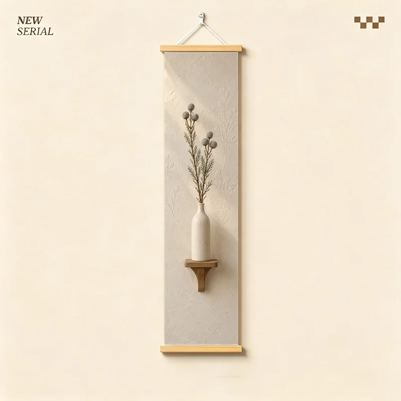 Dried Floral Wall Art 4-Panel Gray Stem Vase Hanging Scroll Set on Cream Silver Shimmer Canvas for Sophisticated Office Decor