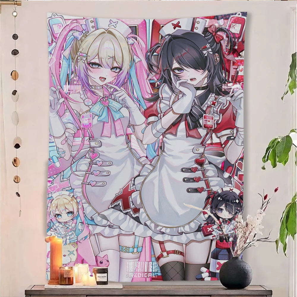 Kawaii Gothic Anime Nurse Girl Vertical Tapestry Medical Theme Wall Hanging Dorm Bedroom Aesthetic Decor