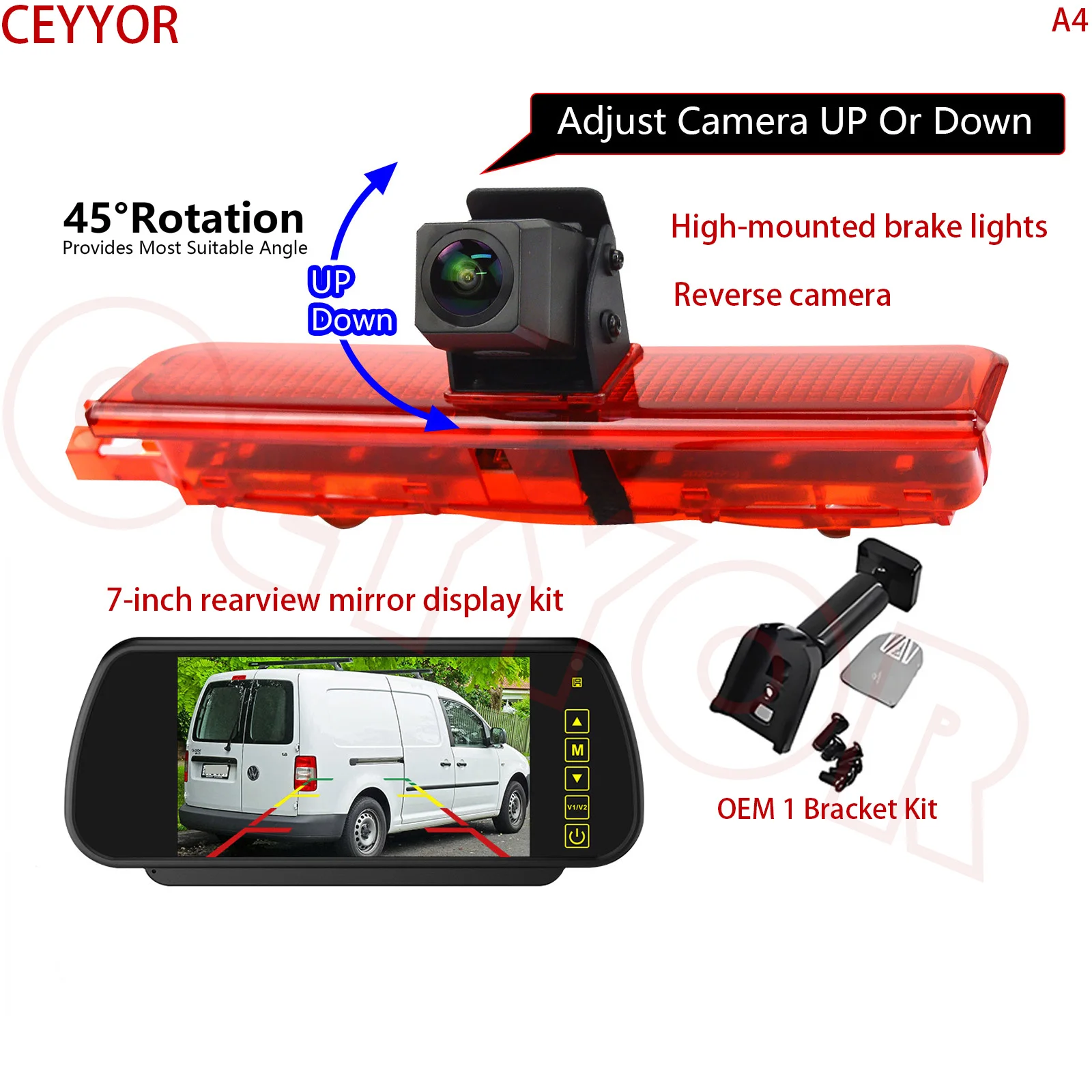 Applicable to Volkswagen VW Caddy (2003-2015)High-position brake light reversing camera 7-inch display monitoring kit