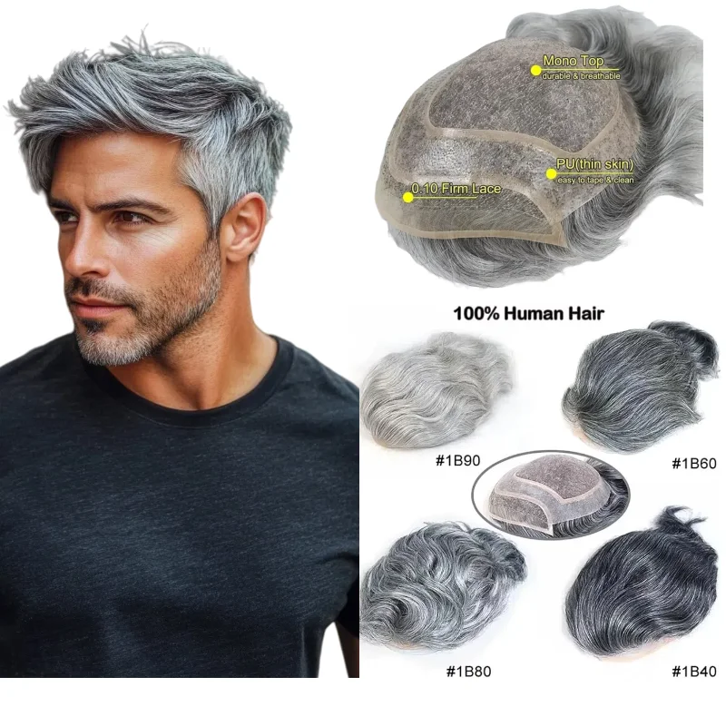 

Парик из седых волос для мужчин, монобаза 8x10 дюймов, 100% человеческие волосы | На Новый год Цвета 1B 1B90 # 613 Новый запуск