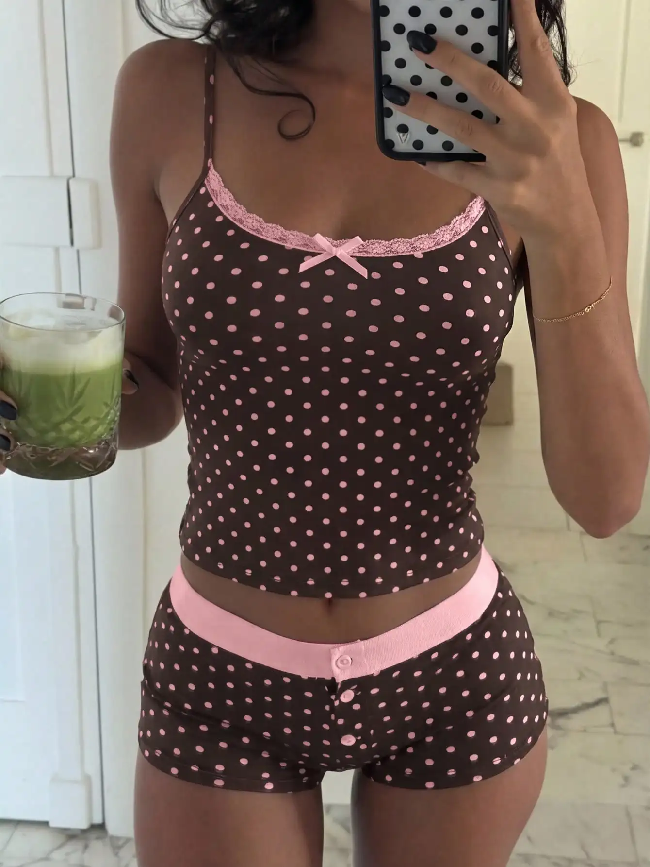 2026 Sweet Girl Two Piece Pajama Polka Dot Printed Lace Edge Bow Vest Front Button Shorts Aesthetic Women's Casual Home Clothes