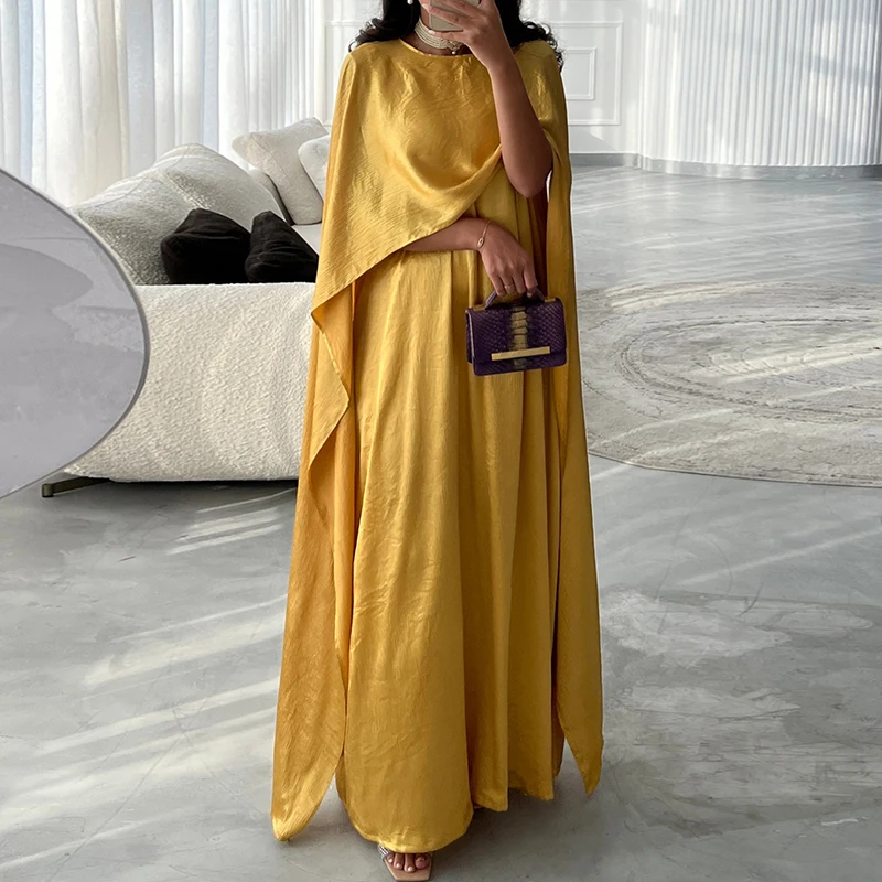 Elegant Round Neck Shawl Solid Long Dress Women Fashion Silk Satin Evening Dress 2024 Causal Draped Loose Party Dress Vestidos