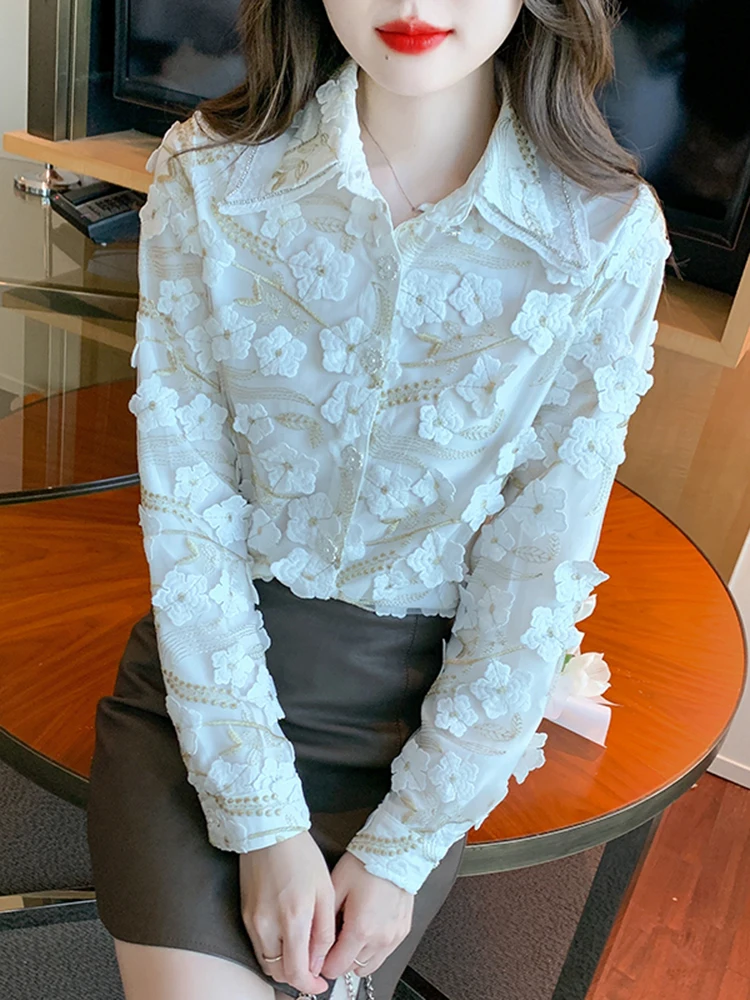 QOERLIN Long Sleeve Chiffon Shirt Women Elegant Fashion Embroidered Designer Tops Blouse Single-Breasted Tops 2023 Korean Style