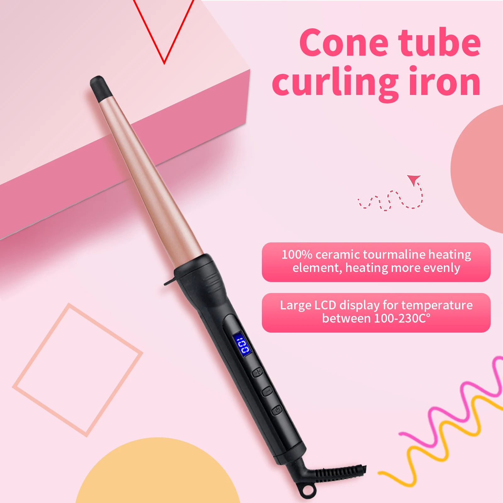 YAWEEN Professional Ceramic Tapered Curling Iron, LCD Display, Dual Voltage Instant Heating Curling Iron