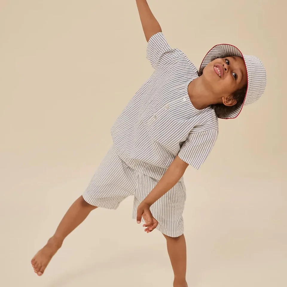 Children's Clothing Woven Set Striped Short Sleeve + Shorts Cartoon Sailing Onesie Cotton in Stock Summer New Arrival 2026