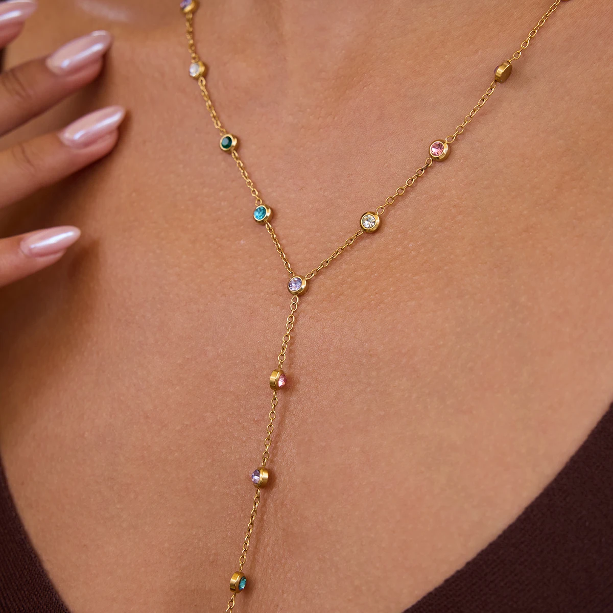 Yori Delicate Colorful Rhinestone Pendant Necklace for Women Trendy Stainless Steel Fascinating Collar Y Neck Jewelry 2025