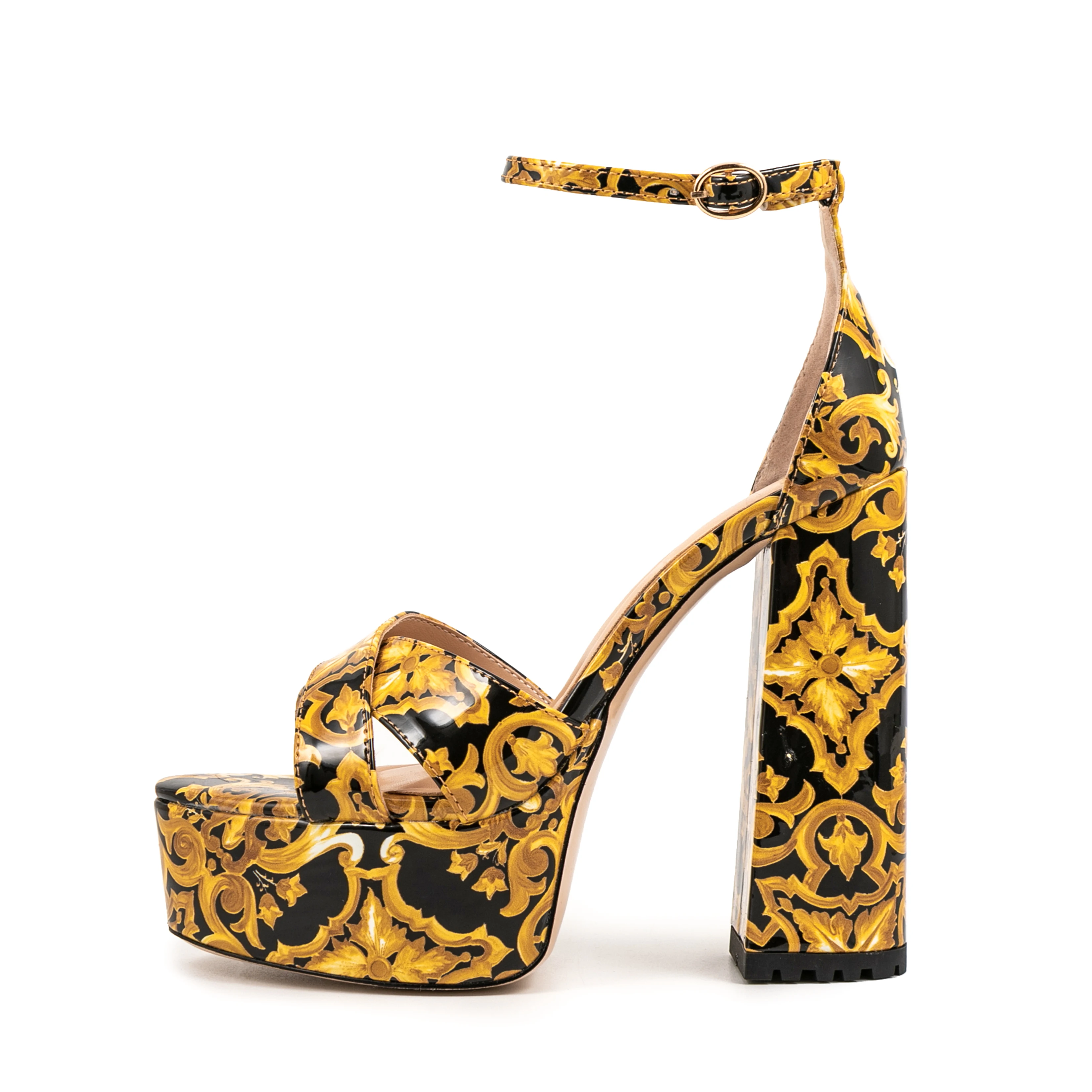 

Arden Furtado Summer 2024 Printed patent leather Round toe Waterproof platform Super high heel Open toe word-cingulate sandals