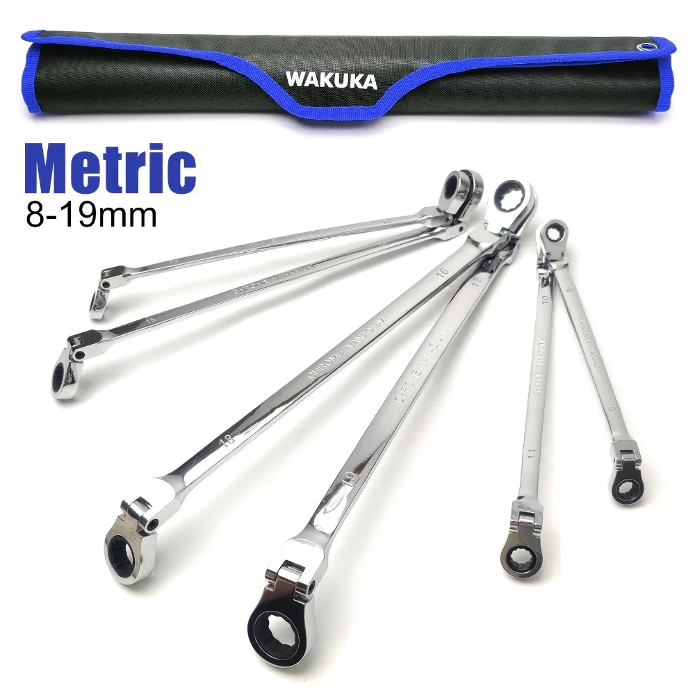 

6pcs Extra Long Flex-Head Ratcheting Wrench Set 8-19Mm Metric 72-Tooth Double Box End Wrench Set with Rolling Pouch for Car