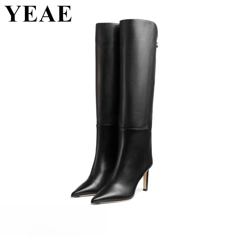 Fashion Pointed Toe High Heel Knee High Boots Women Back Belt Buckle Long Boots Winter Autumn Slip On Women Boots Designer Shoes