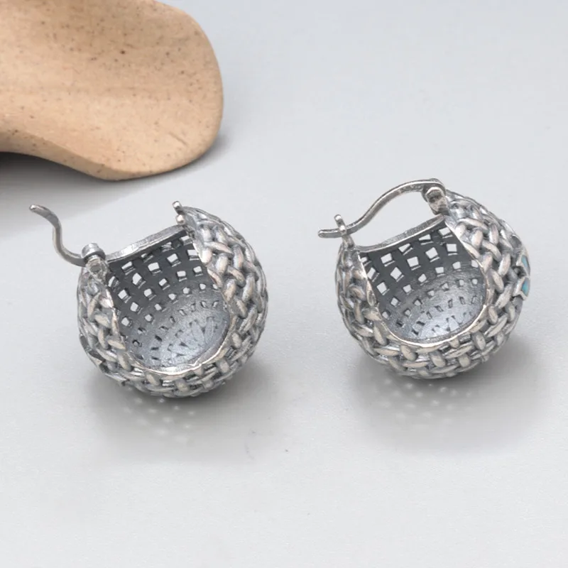 925 Sterling Silver Lotus Woven Basket Drop Earrings Vintage Ethnic Hollow Ear Buckle Women Girls Earrings for Christmas EH177