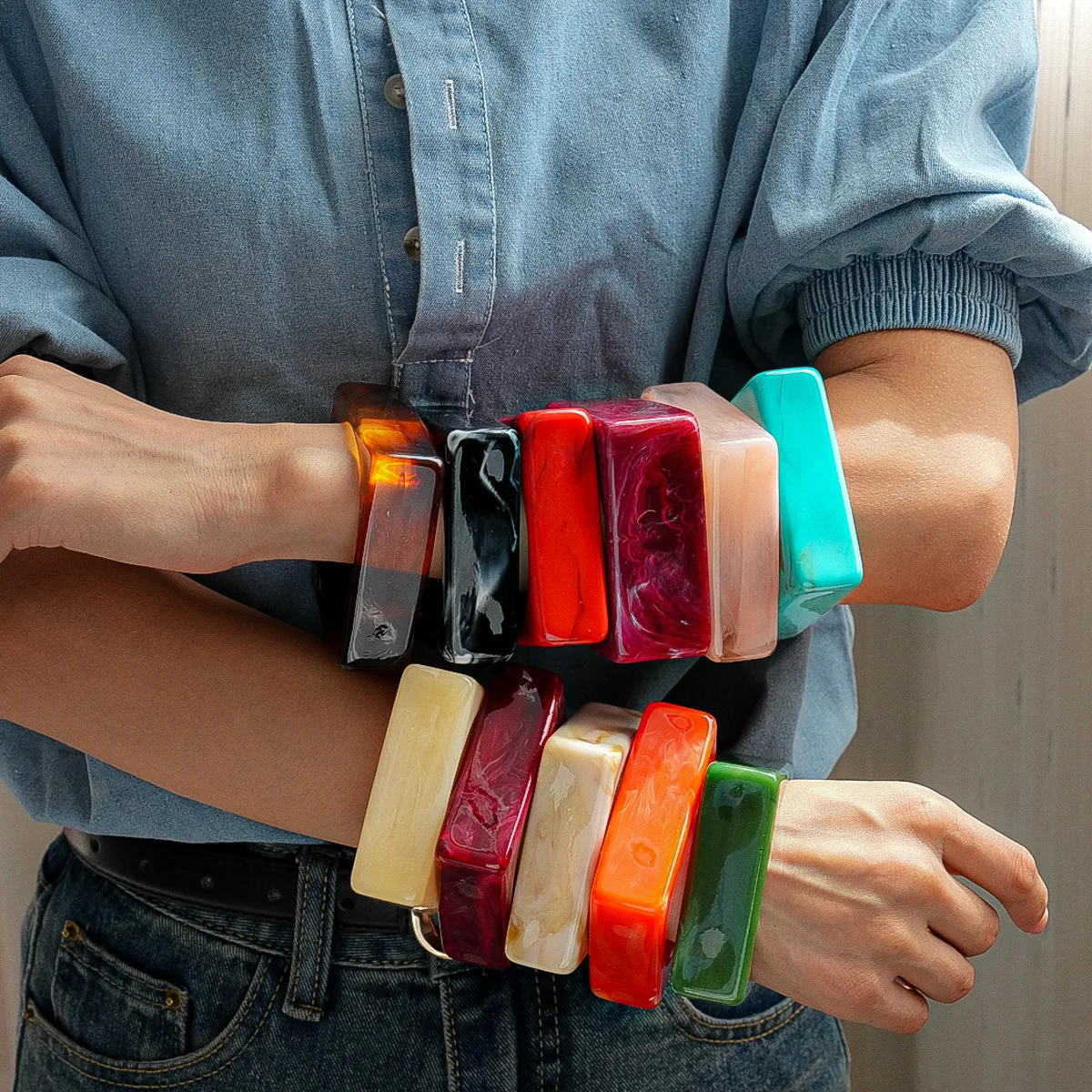 

11 Colors Exaggerated Square Wide Bangles for Women Men Chunky Massive Irregular Smudging Acrylic Bracelets Trend Jewelry Gifts