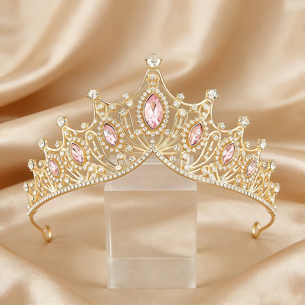 2Pcs Exquisite Vintage Baroque Gold Tiara Set Pink Clear Crystal Crowns Luxurious Bridal Headwear Weddings Proms Quinceañeras view 5