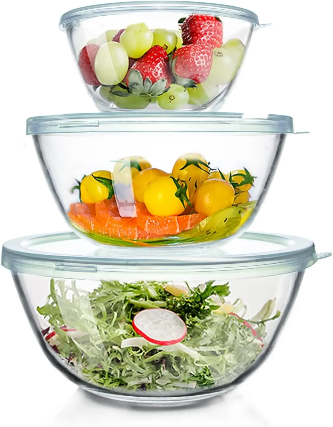 Glass Mixing Bowls with Lids Set (4.5QT, 2.7QT, 1.1QT), Nesting Space-Saving Salad Bowls, Dishwasher Safe for Cooking, Baking & Food Prep