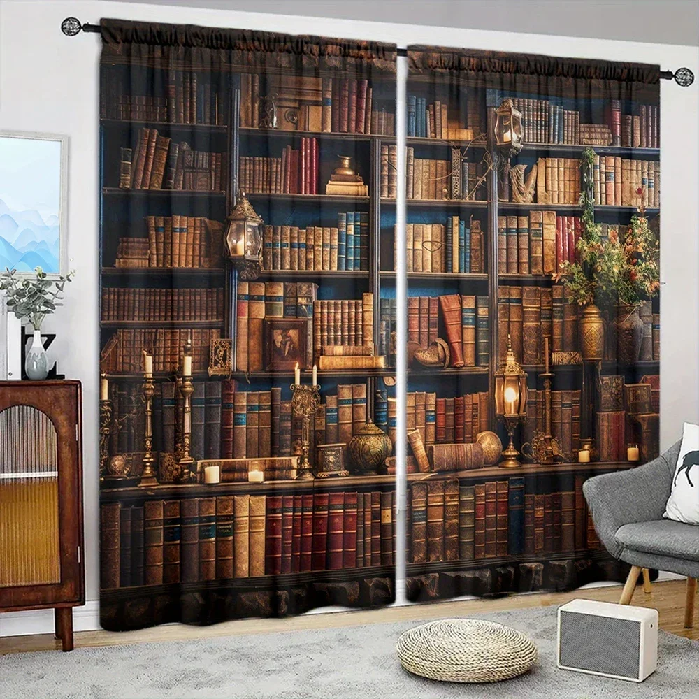 2pcs Middle Ages Bookcase Printed Curtain for Home Decor - Rod Pocket Window Treatment for Bedroom, Office, Kitchen, Living Room