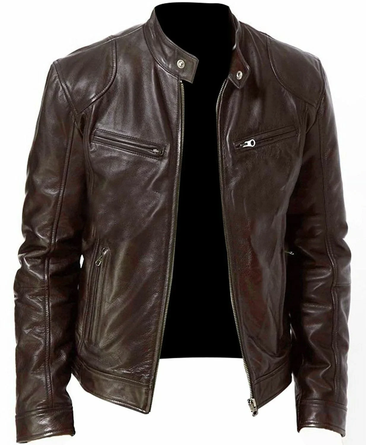 Chaqueta de cuero de motocicleta para hombre, abrigo corto ajustado con solapa, chaquetas de PU con soporte de cremallera, abrigo a prueba de