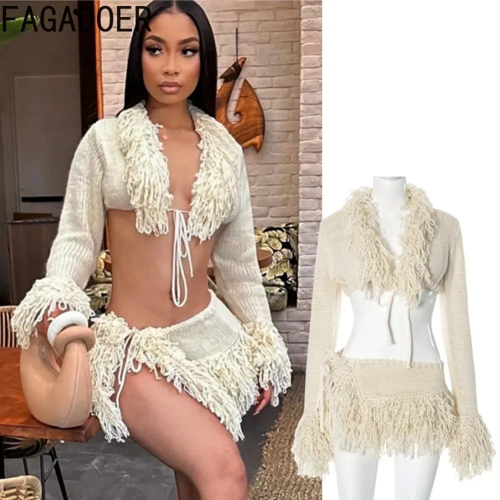 

FAGADOER Knitting Sexy Two Piece Set For Women Lace Up Tassels Patchwork Crop Top + High Slit Skirt Suits Hot Girl Streetwear