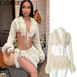 FAGADOER Knitting Sexy Two Piece Set For Women Lace Up Tassels Patchwork Crop Top + High Slit Skirt Suits Hot Girl Streetwear