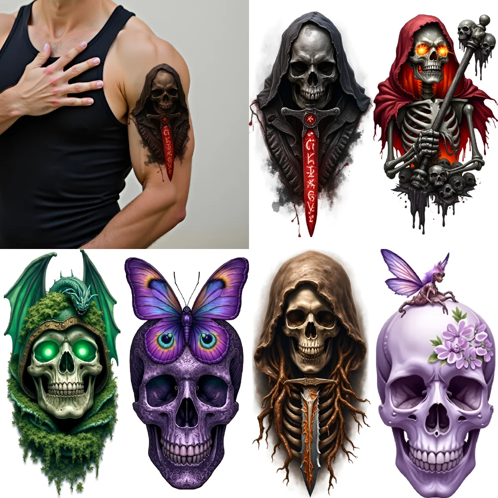 

3pcs Temporary Tattoo Fire Skull Colorful Realism Winged Skull Spider Skull Realistic Temporary Tattoos Hooded Skeleton For