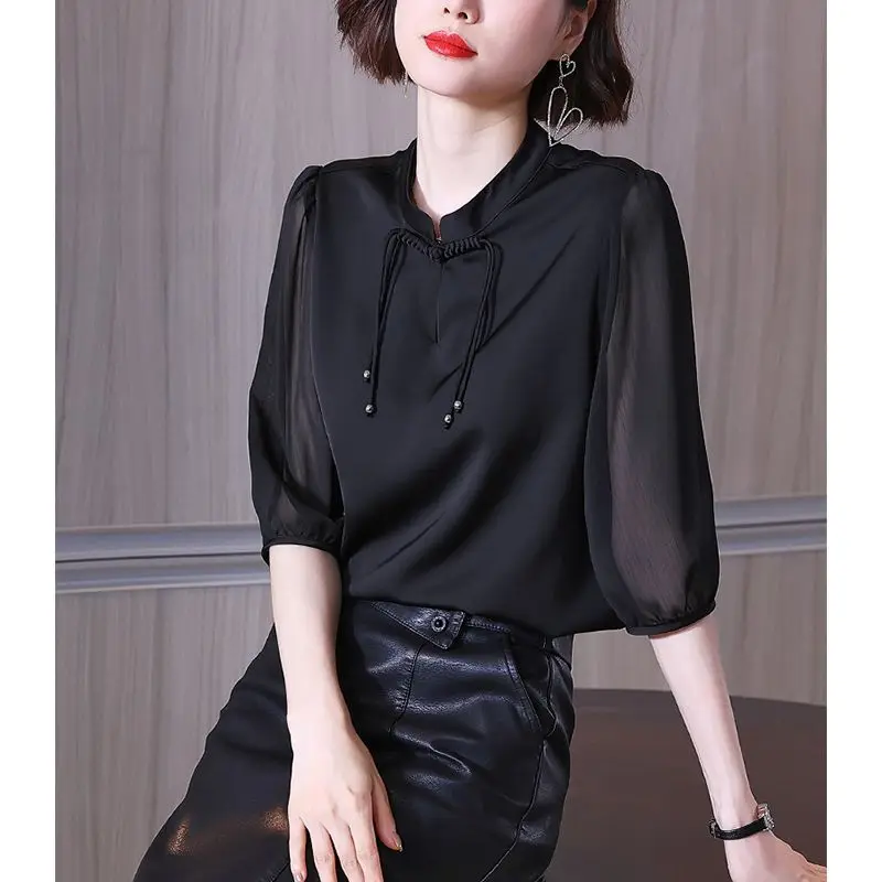 Vintage Lacing Half Sleeve Blouse Women Clothing Summer New Plus Size All-match Solid Loose Elegant Shirt Tops Fashion Casual