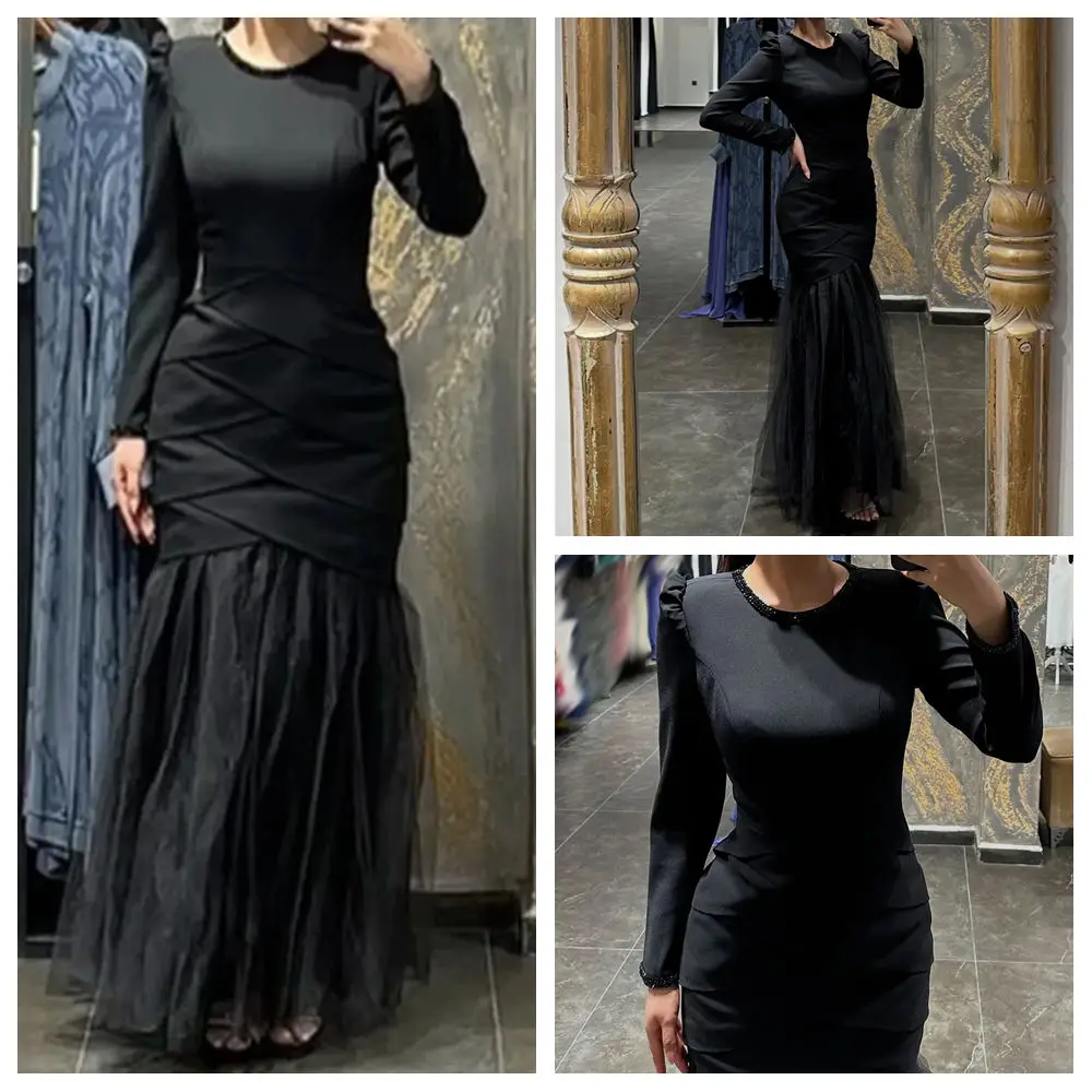 

Customized A-line Evening Dresses Ankle-length O-neck Full Sleeve Prom Gown Fashion Beading Pleat Simple Draped Party Gown